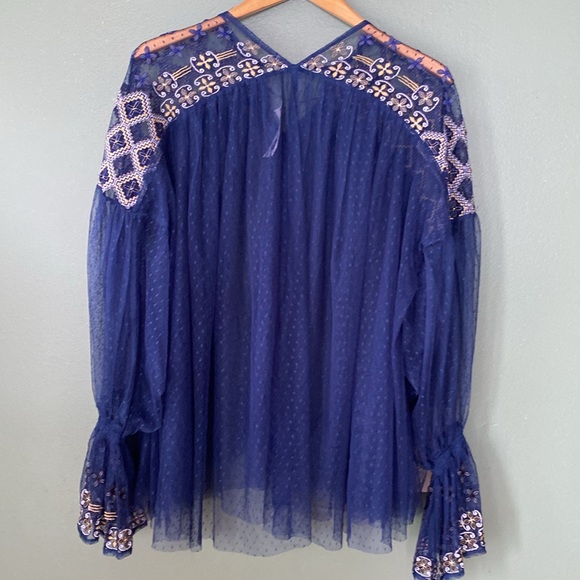 NWT women Sz XS/S oversized rare navy blue sheer glam chic embroidered blouse - Picture 6 of 12